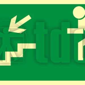 AA005 Znak kierunek do wyjścia drogi ewakuacyjnej schodami w dół w lewo