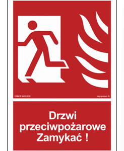 Znak ochrony PPOŻ. BB011 Drzwi przeciwpożarowe. Zamykać! Kierunek drogi ewakuacyjnej w lewo